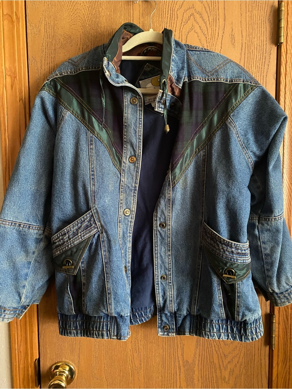 Denim Jacket with Green & Navy Accents - Women's Casual Coat - Picture 1 of 5